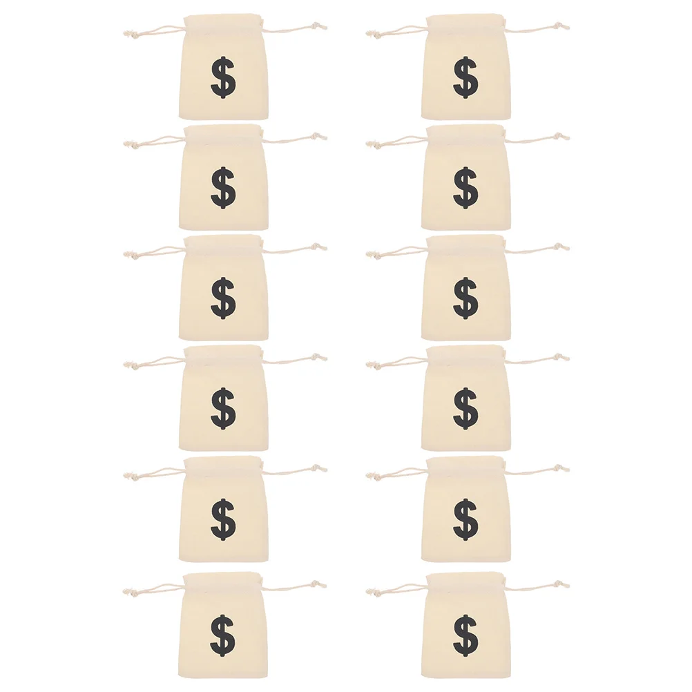 

12pcs Canvas Bags Money Sign Small Drawstring Bags Pouch For Party Gift Treats Storage Candy Cookie Packaging Bag