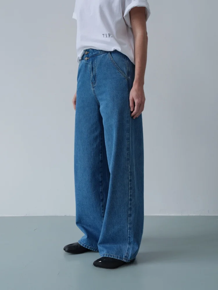 

The Fewfew Уникальные повседневные свободные джинсы с двойным синим билом и высокой талией, прямые дышащие мягкие джинсовые джинсы, женские премиум-класса Faion