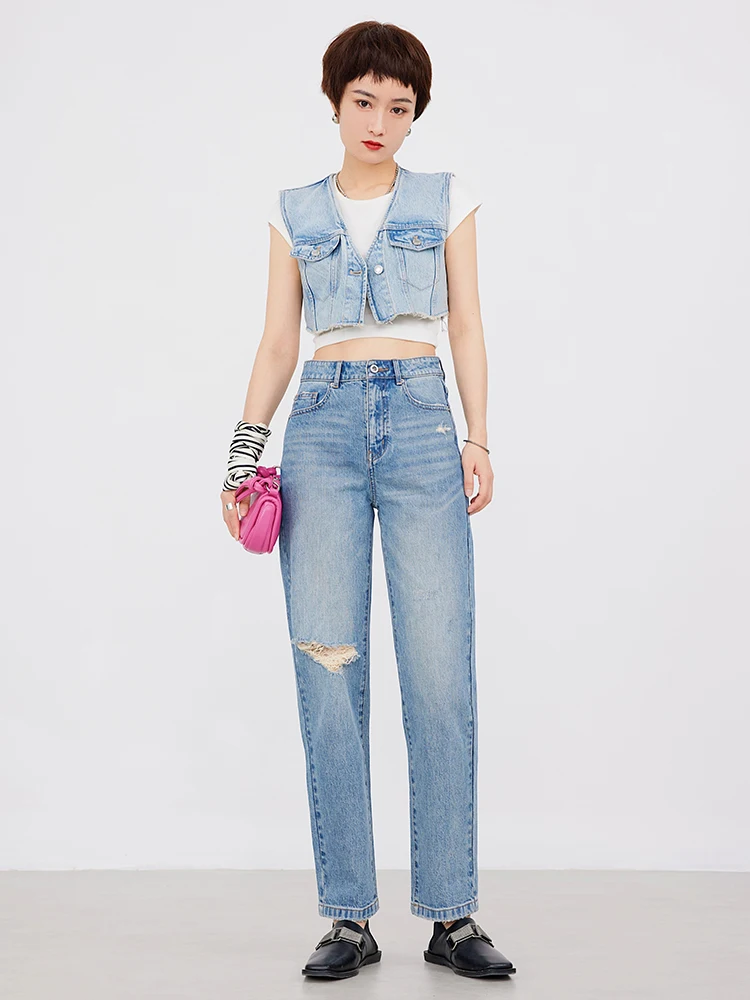 

Женские джинсы с высокой талией, свободного кроя, прямые, с эффектом потертости, длиной 7/8, RUGOSAM RB0206, повседневные джинсовые брюки