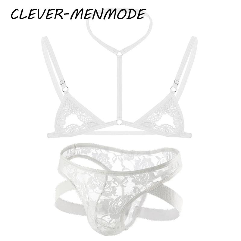 Men\'s Sexy  Underwea Set Mini Lace Transparent Bra Briefs Sex Lingerie Sissy Fetish Bikini Exotic Men Seat Belt BDSM Gay