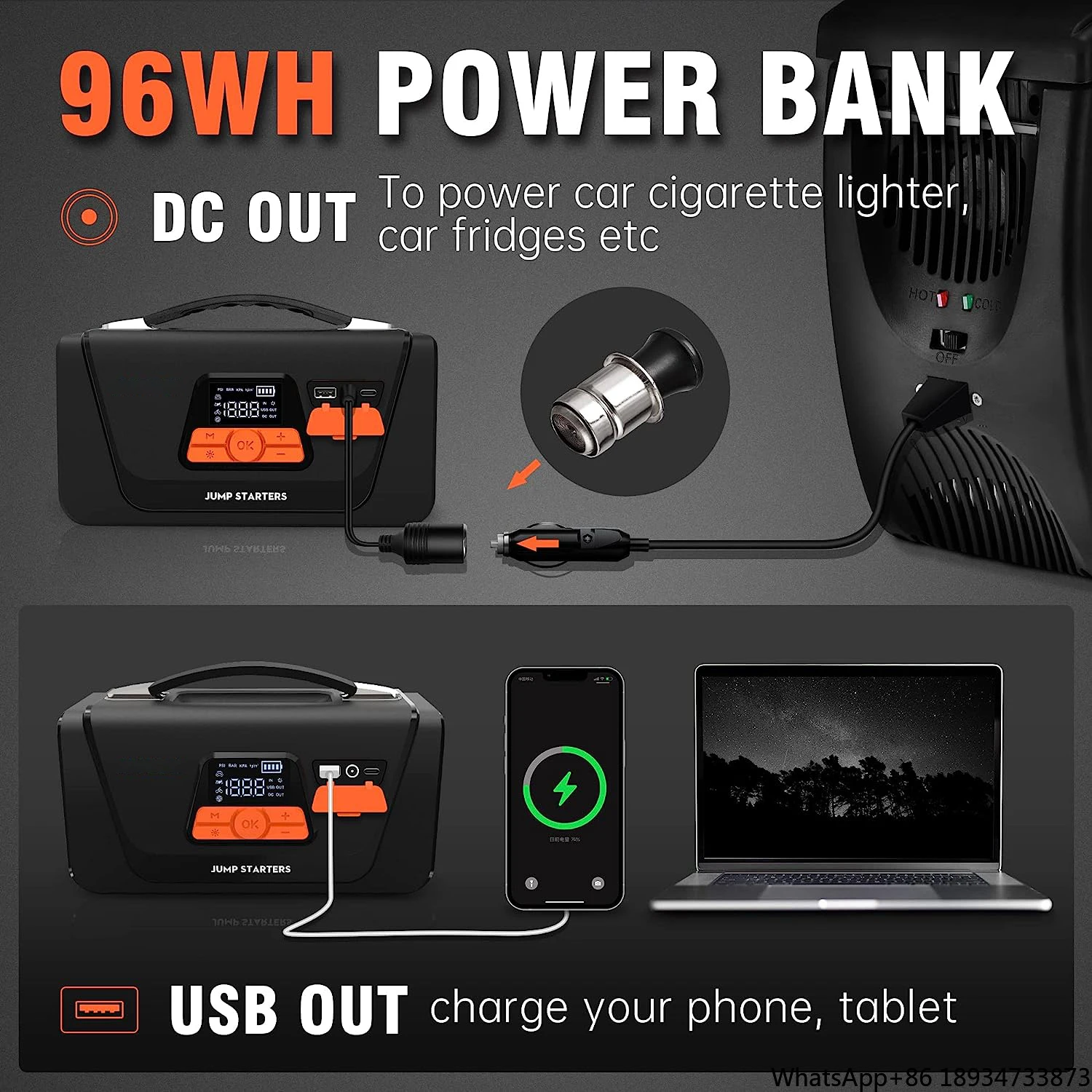 New Product Ideas 2023 Cordless 4 in 1 Portable Jump Starter With Air Compressor 4000A 26800mAh With Digital Screen image 4