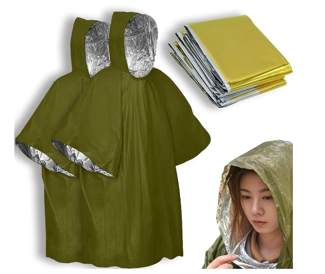 

Комплект снаряжения для выживания 4X, пончо для экстренной помощи (2 шт.), одеяло для экстренного пространства (2 шт.) для активного отдыха, пеших прогулок, кемпинга, сумки для ошибок,