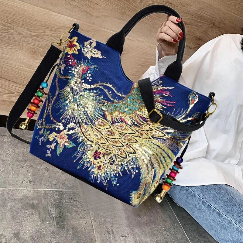 Shiny Sequins Peacock Embroidered Ladies Canvas Tote Bag Shopping Shoulder Bag Retro Beaded String Tote Bag