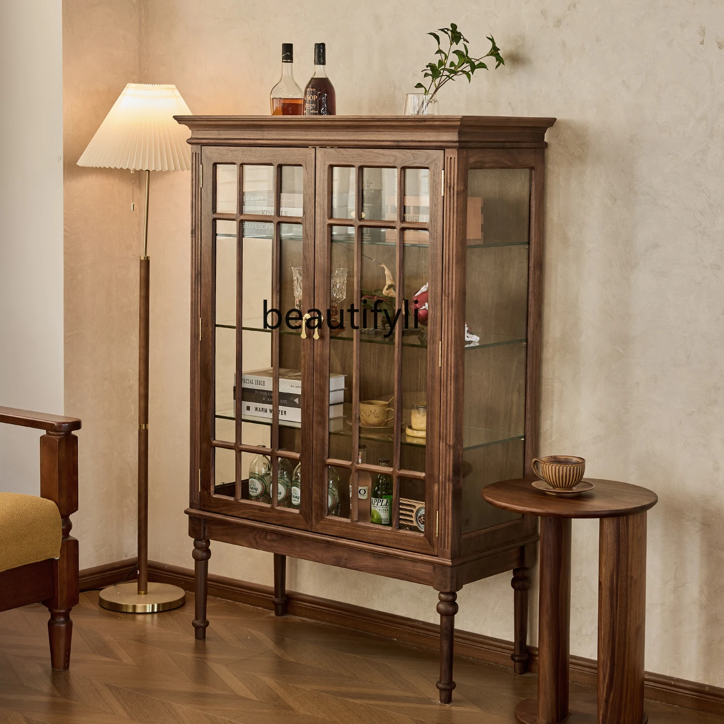 

Black walnut wine cabinet, all solid wood porch cabinet, retro windshield door, display, side cabinet