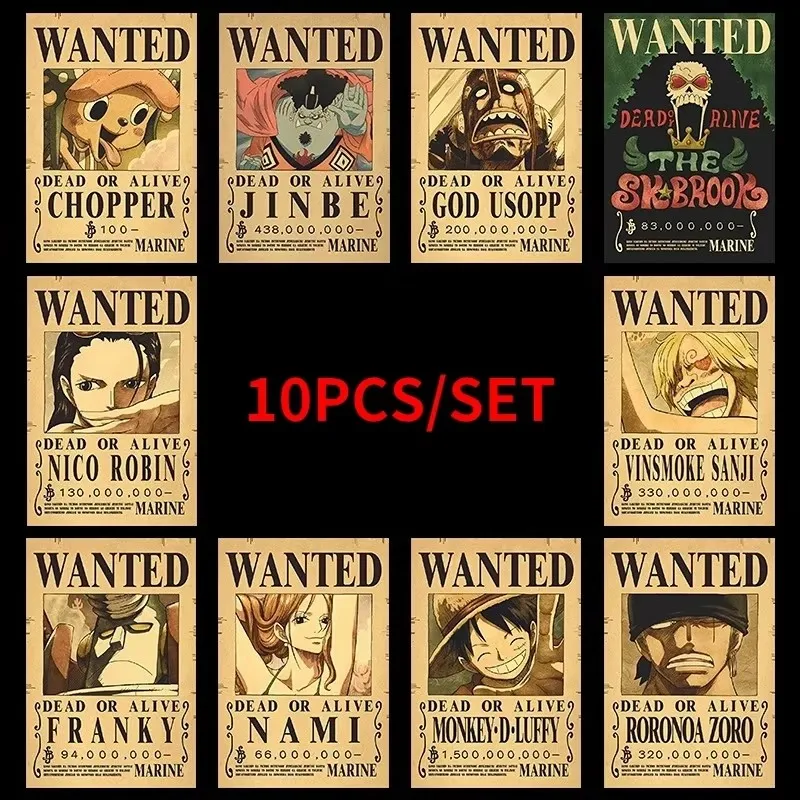 10 stks/set Anime Een Stuk Vintage Posters Kinderkamer Woonkamer Wanddecoratie Cartoons Piraat Gezocht Schilderijen Stickers Speelgoed