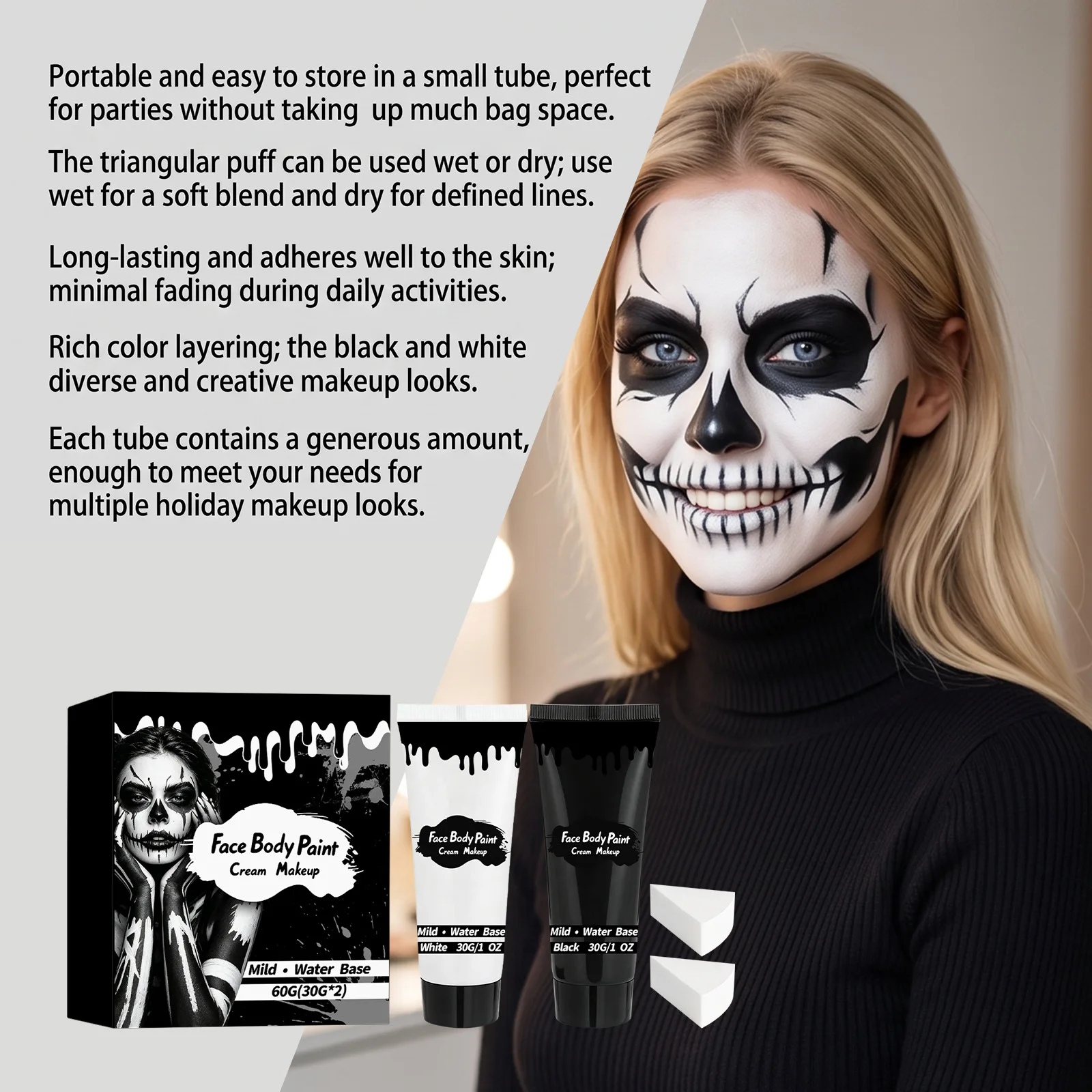Halloween Face Painting Kit Black White Body Paint Set DIY Cosplay Foundation Clown Colorful Lasting Waterproof Festive Makeup