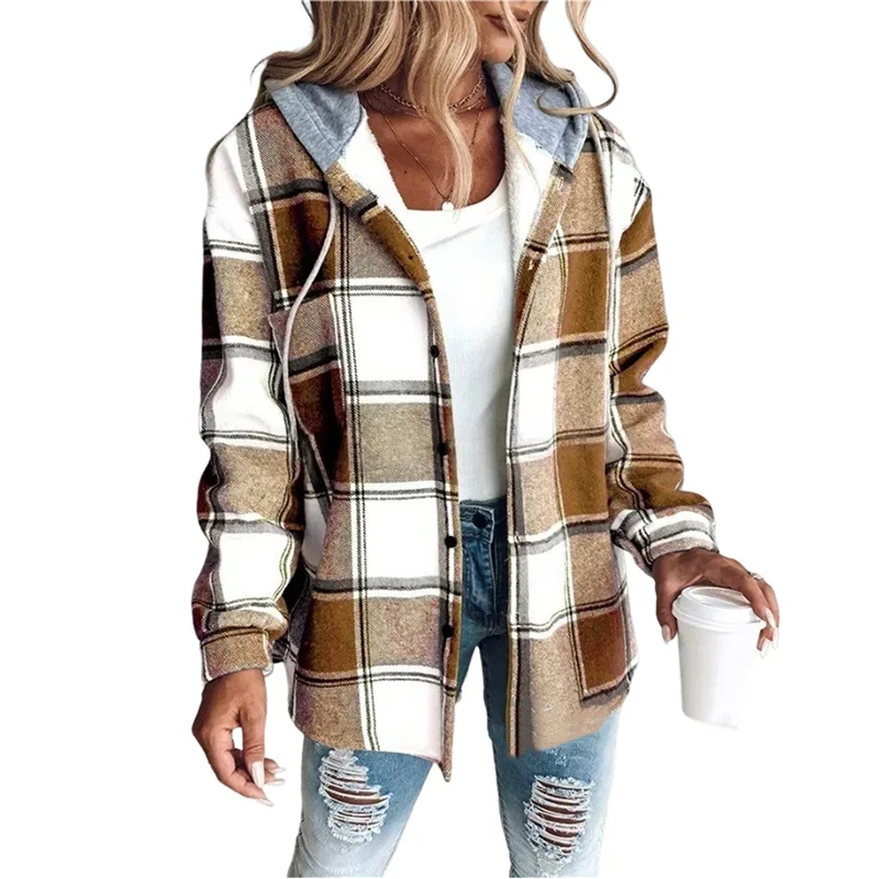 Damen-Hemd mit Karomuster, Button-Down-Langarmjacke, Fleece-gefütterter Kapuzenpullover, lässiges, trendiges Blusenoberteil