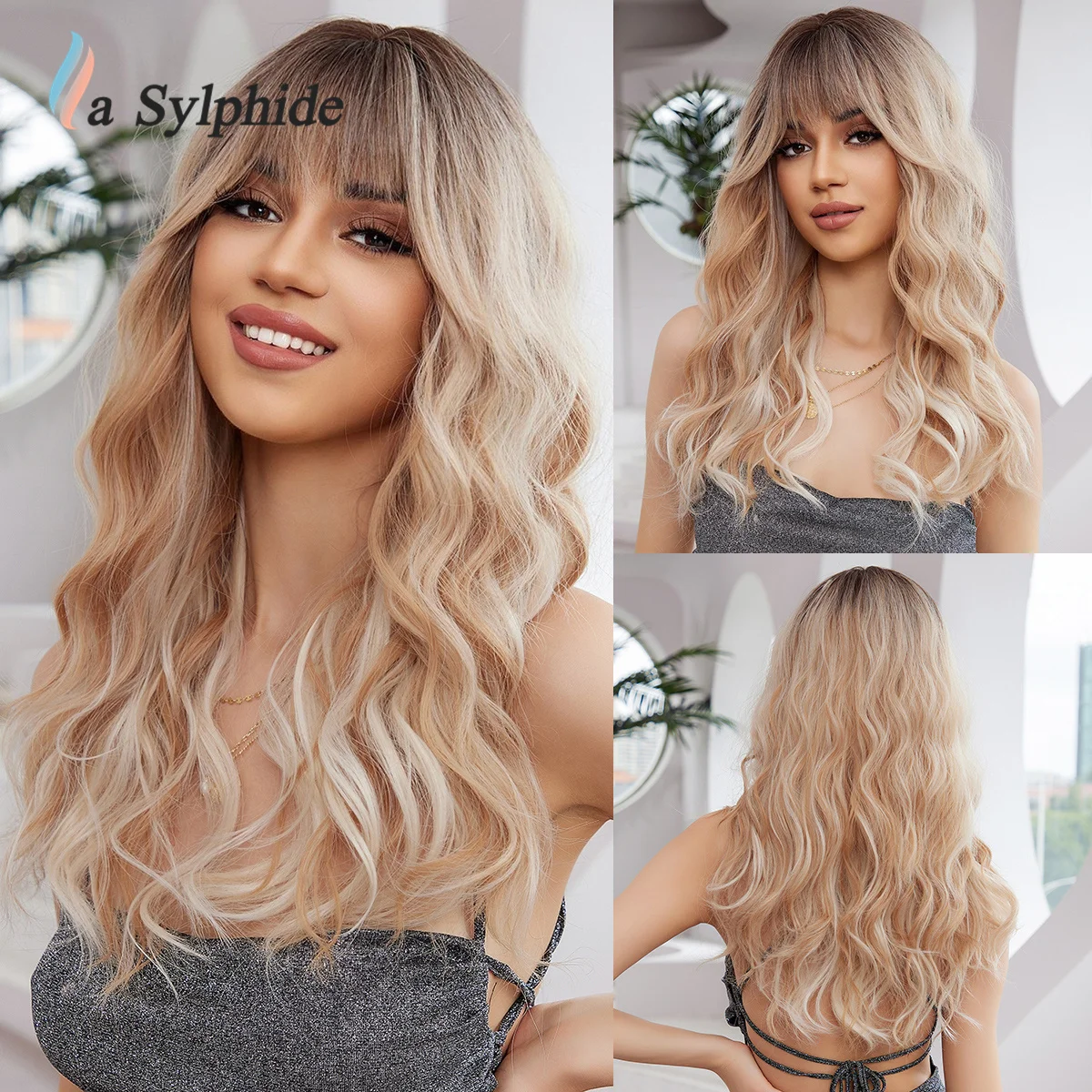 

La Sylphide Blonde Synthetic Wigs with Bangs Long Natural Wavy Hair Wigs for Women Daily Cosplay Use Heat Resistant Hair