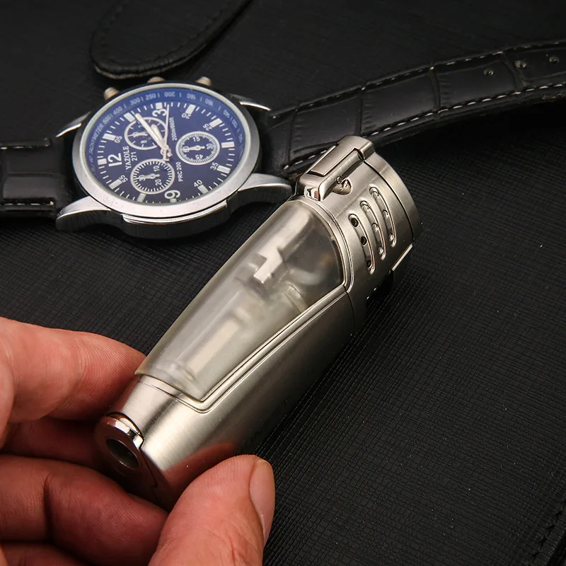 New Metal 3 Jet Torch Inflatable Lighter Butane Gas Lighter Luxury Curved Windproof Cigar Lighter With Cigar Cutter Men Gifts