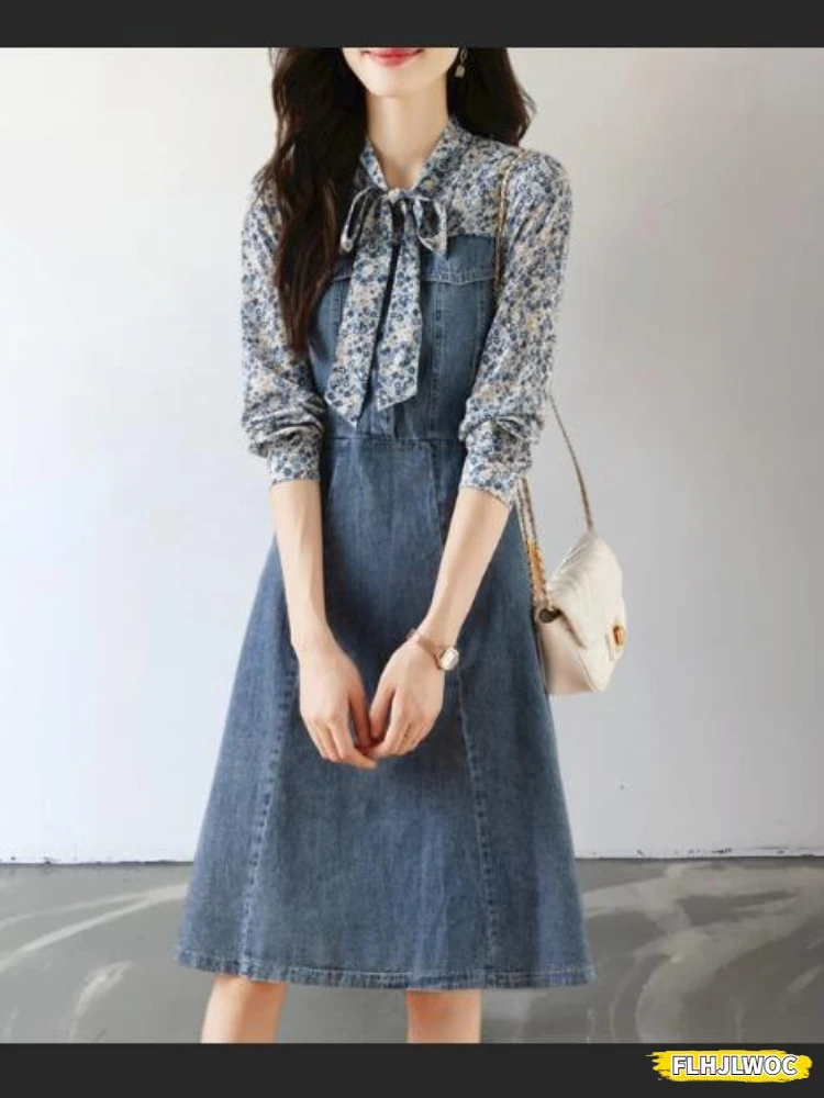 Vestido camisero vaquero de manga larga para mujer, ropa con estampado Floral, Retro, Vintage, pajarita, azul, largo, nuevo diseño