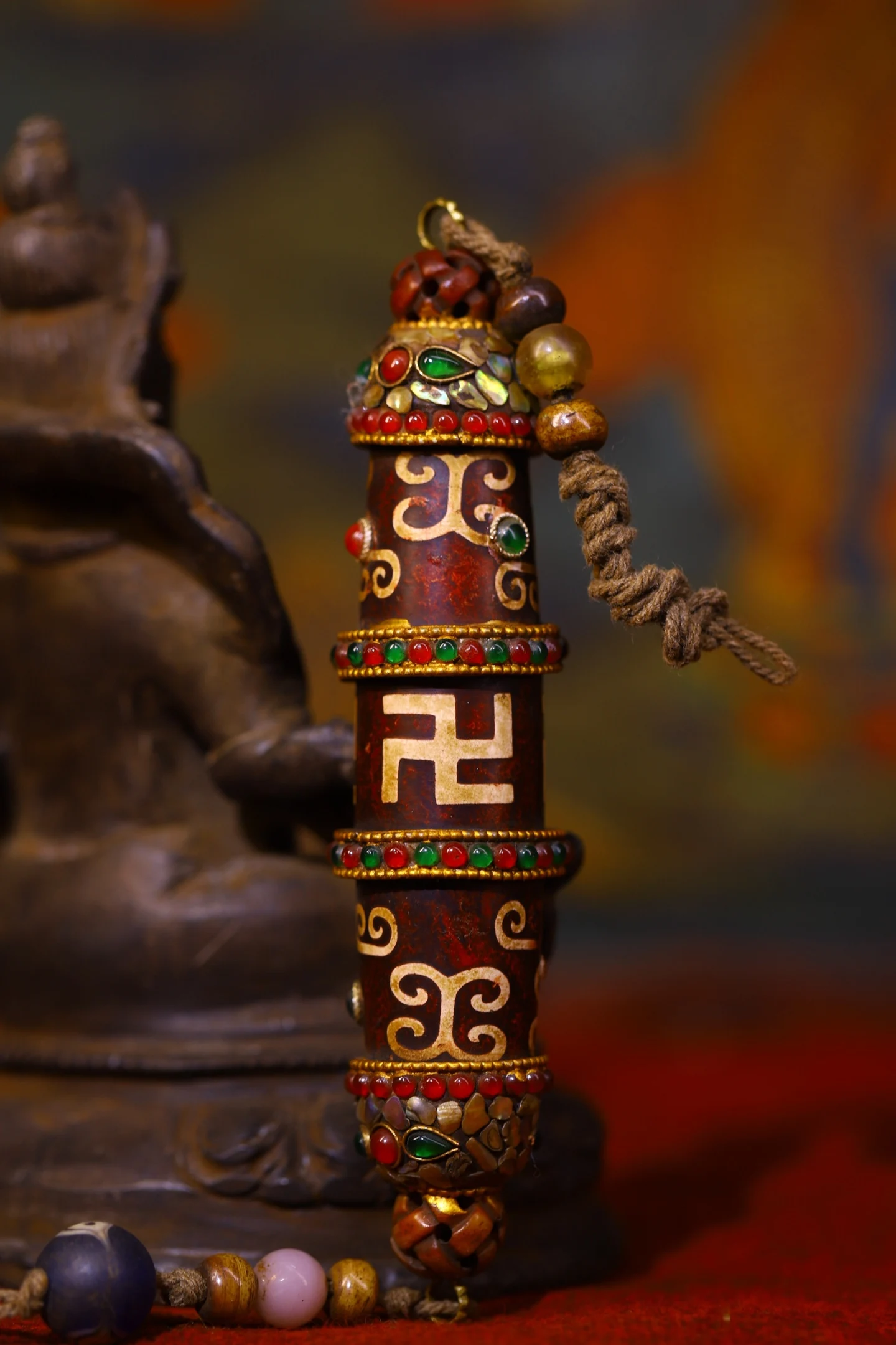 

5"Tibetan Temple Collection Old Natural Agate Mosaic Gem gZi Beads Shell Buddha Beads Amulet Pendant Town house Exorcism