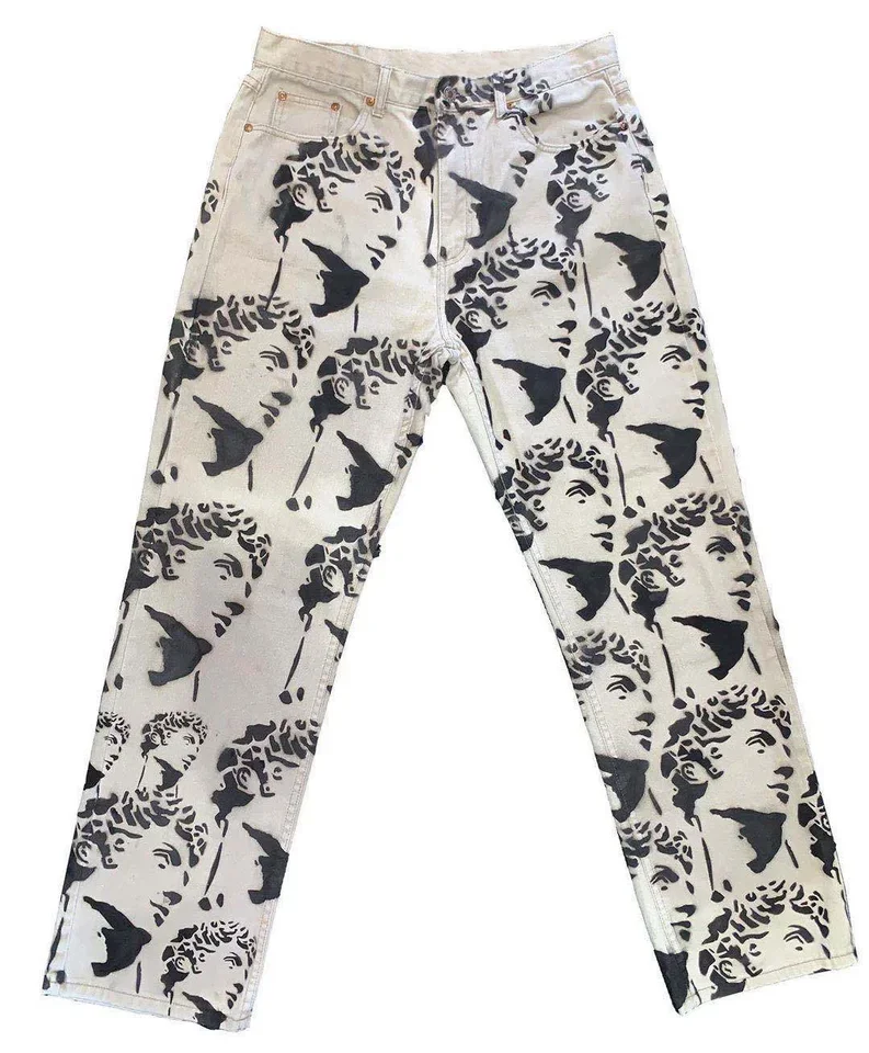 New Jeans Men's Trousers Loose Bleached Washed Straight Tie-dyed Offset Printing Denim Trousers  Fashion Mens Jeans