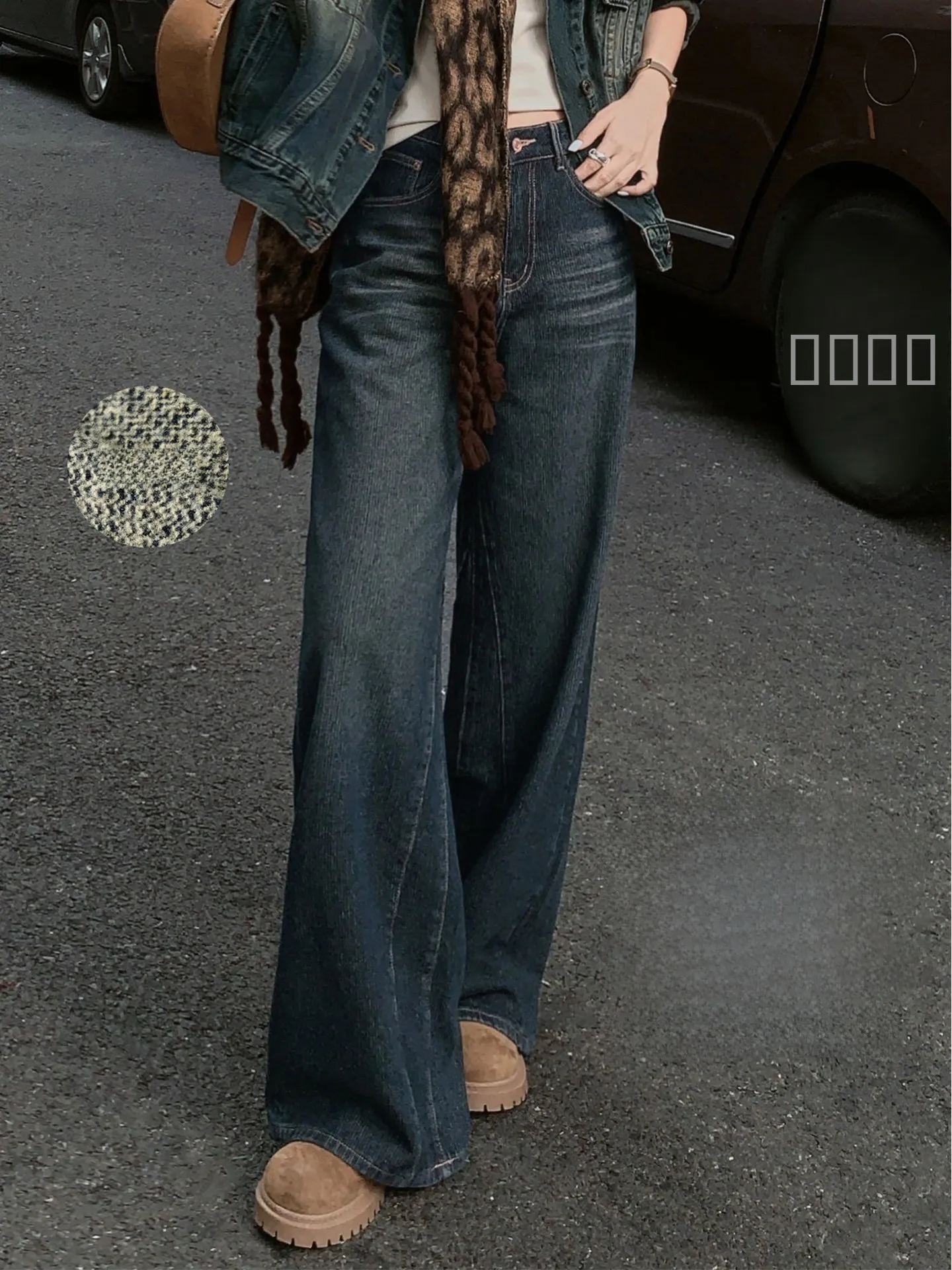 

Теплые джинсы с флисовой подкладкой и мозаичным узором, широкие штанины, белые, с высокой талией, на молнии, повседневные, всесезонные, женские