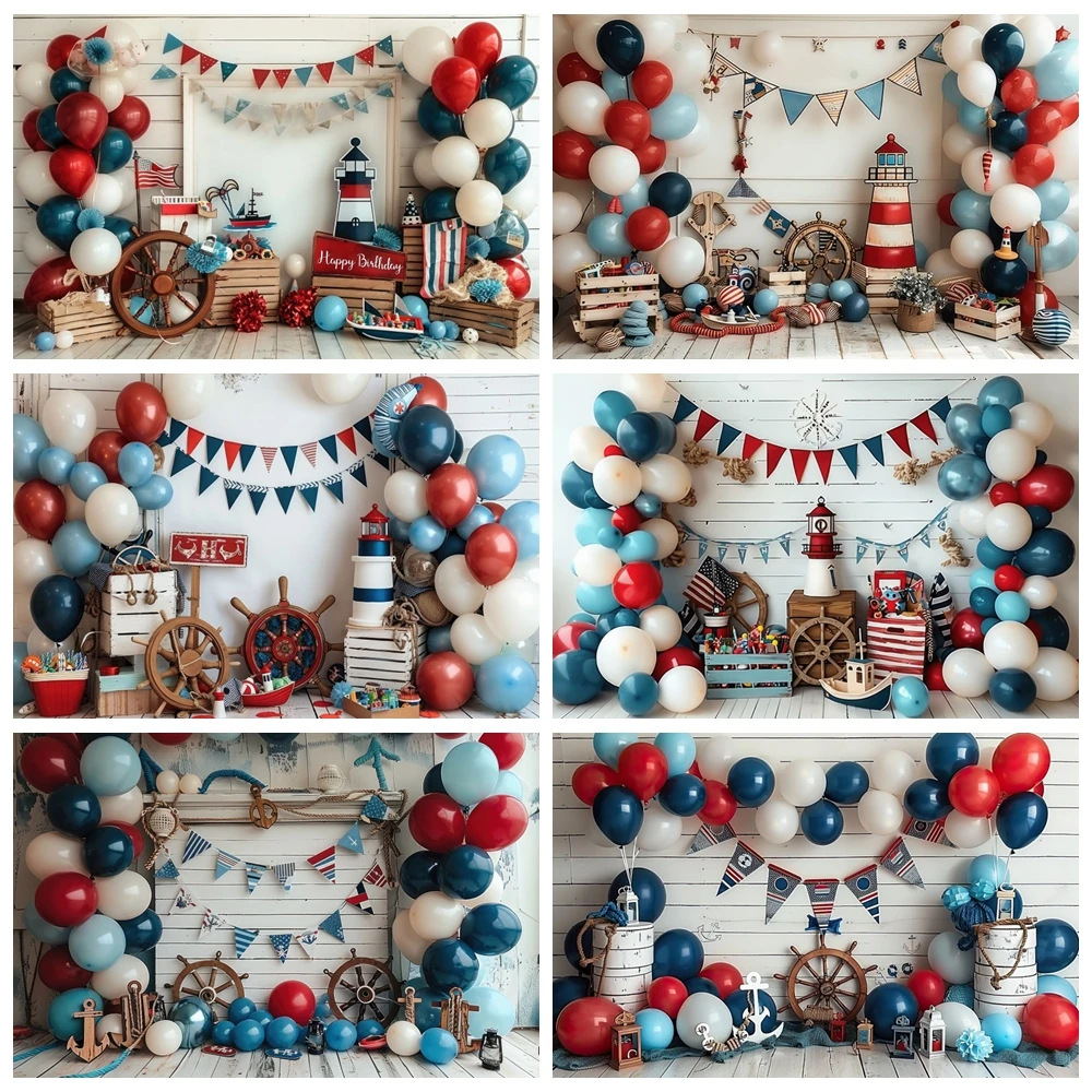 

Nautical Theme Birthday Backdrop Colorful Balloons Wooden Board Sailboat Rudder Baby Shower Photography Background Photo Studio