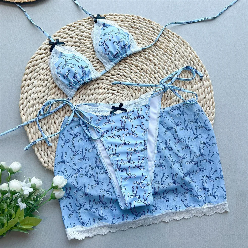 

Blue Bow Print Halter String Triangle Bikinis Sets 3 Pieces Mini Skirts Cover Ups Sexy Swimsuit Women Holiday Lace Edge Swimwear