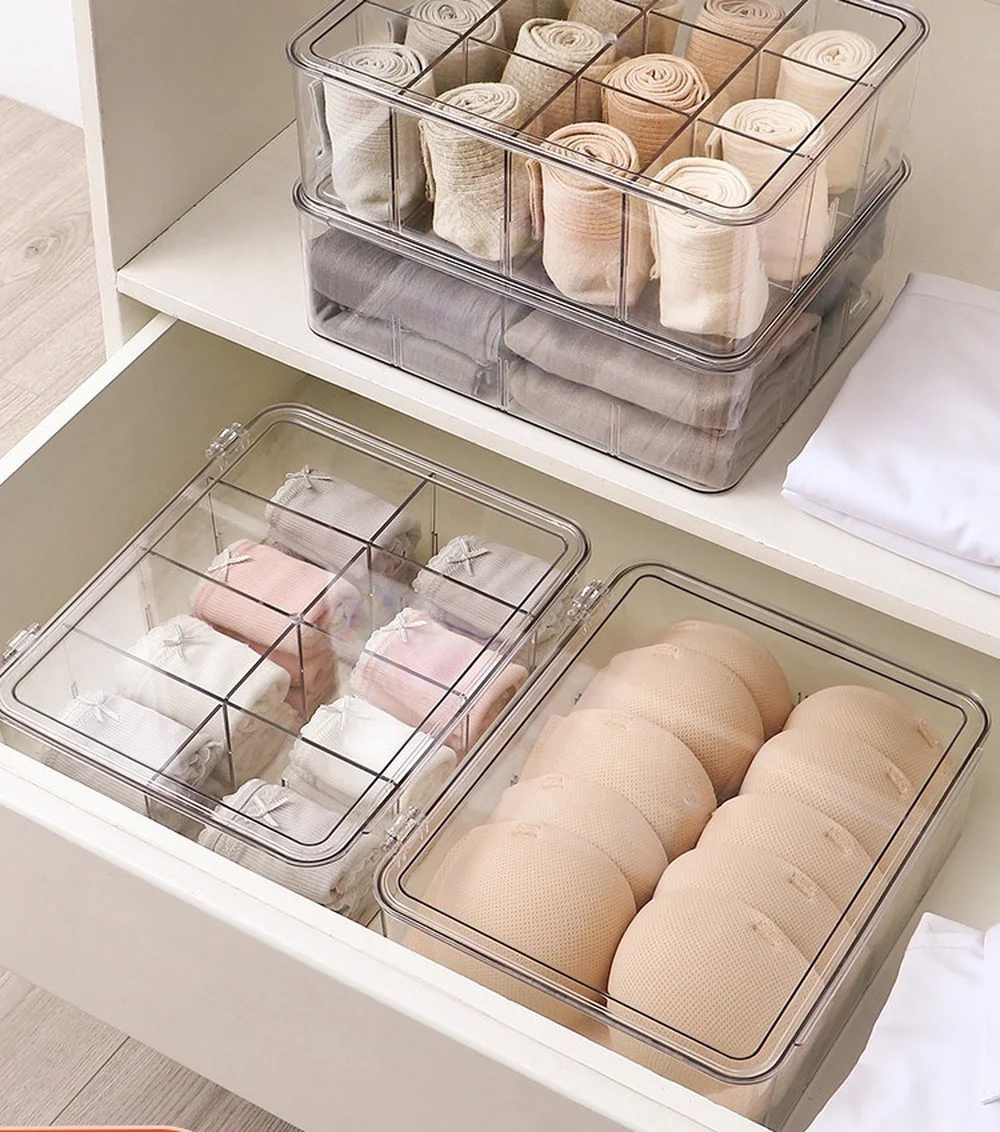 4 compartments transparent PET underwear storage box 8 compartments socks underwear organizer box home wardrobe bra storage box