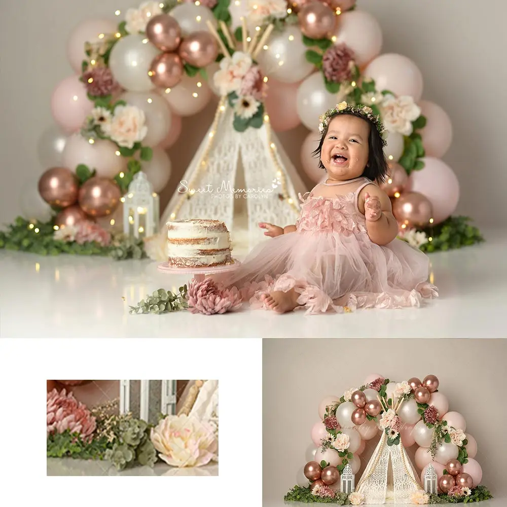 

Rose Gold Teepee Photography Backdrop Boho Tent Floral Balloons Kids Baby Cake Smash Photocall Decors Birthday Backgrounds