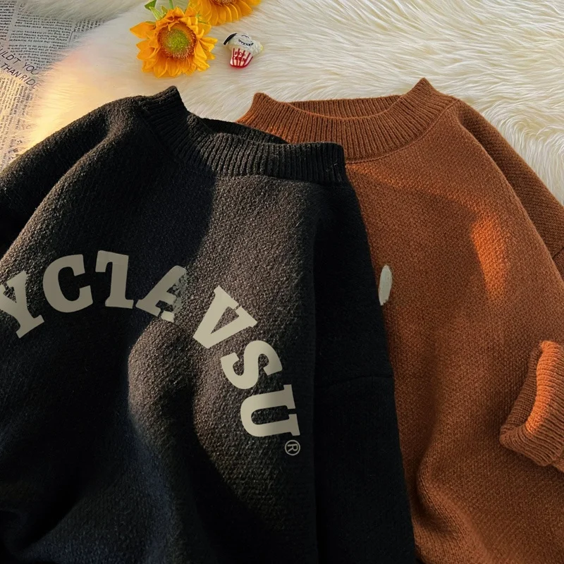 

Thiened f-High Collar Men's Knitted Sweater Autumn Winter Warm Faionable Letter Print Loose Fit Casual Long Sve Top