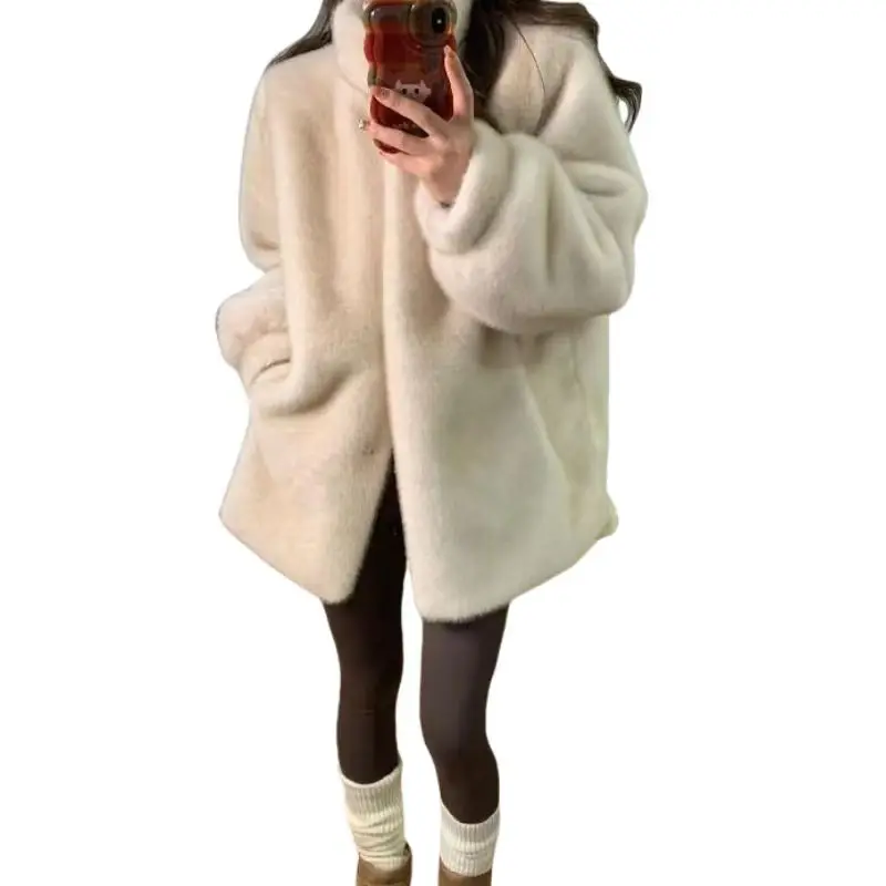 Faux Mink Fur Coat for Women,Covered Button Jackets,O-Neck Overcoat, Female Clothes, Winter,New, 2024