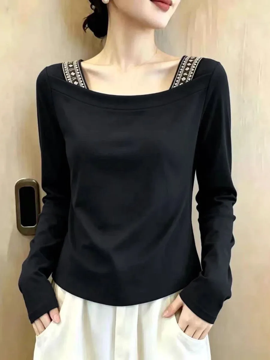 Women's Premium Combed Cotton Square Collar Long Sleeve T-shirt Spring Autumn Unique Fit Casual Print Splice Fashion Top