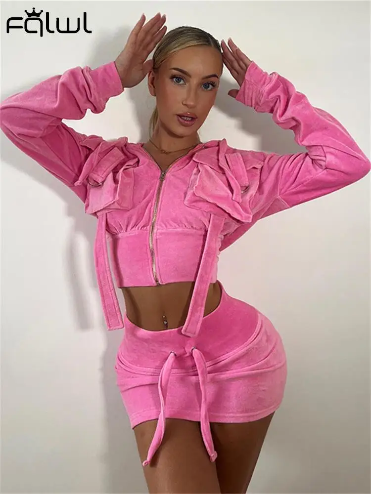 

Habbris Fall RoseRed Velvet 2 Two Piece Sets Tracksuit Womens Outfits 2023 Long Sleeve Zip Up Hoodies Pocket Skirt Sets Ladies