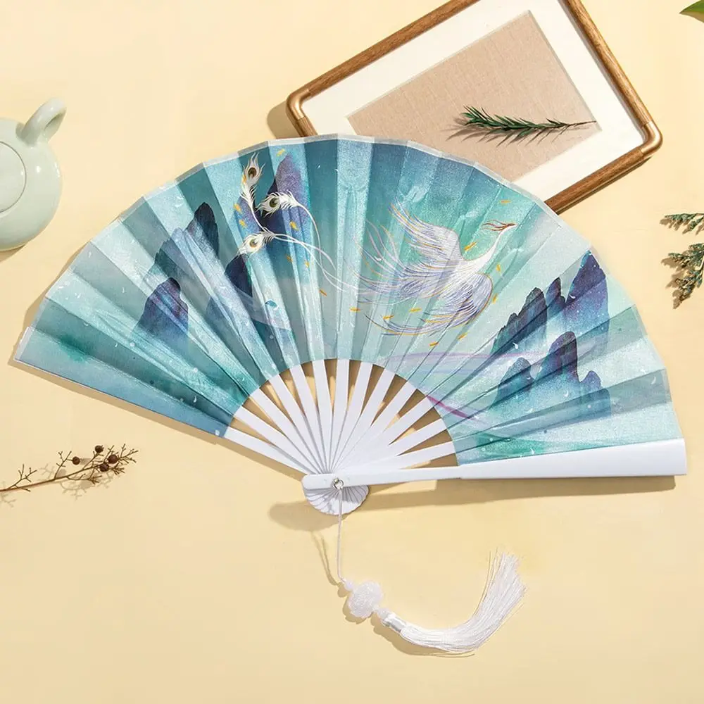 2024 Silk Vintage Folding Fan Bamboo Tassel Elegent Hand Fan Hand Fan Colorful Shank Classical Dance Fan Home Decoration