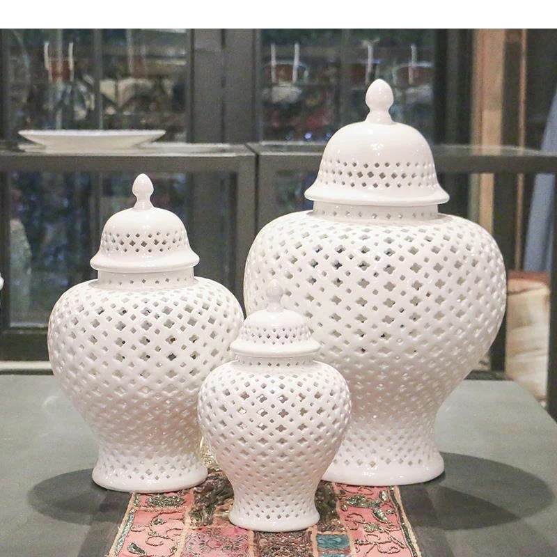 European White Hollow Ceramic General Jar Ornaments Arts and Crafts Living Room Home Decoration Accessories Modern New