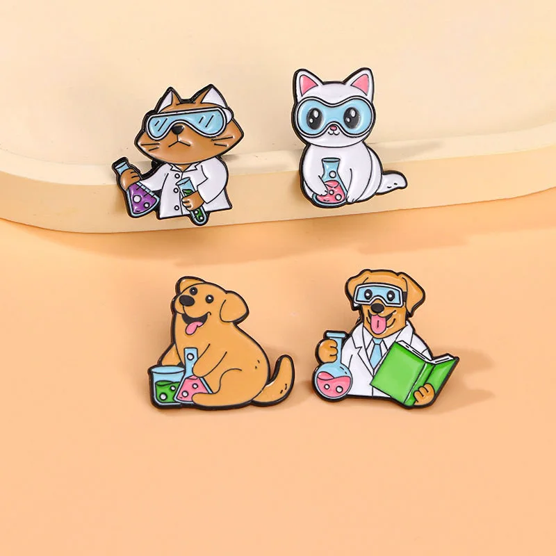 Cartoon Cats Dogs Brooch Pins Creative Doctor Dog Labrador Cat Do Experiment Enamel Lapel Pin Jewelry Accessory Gift For Friends