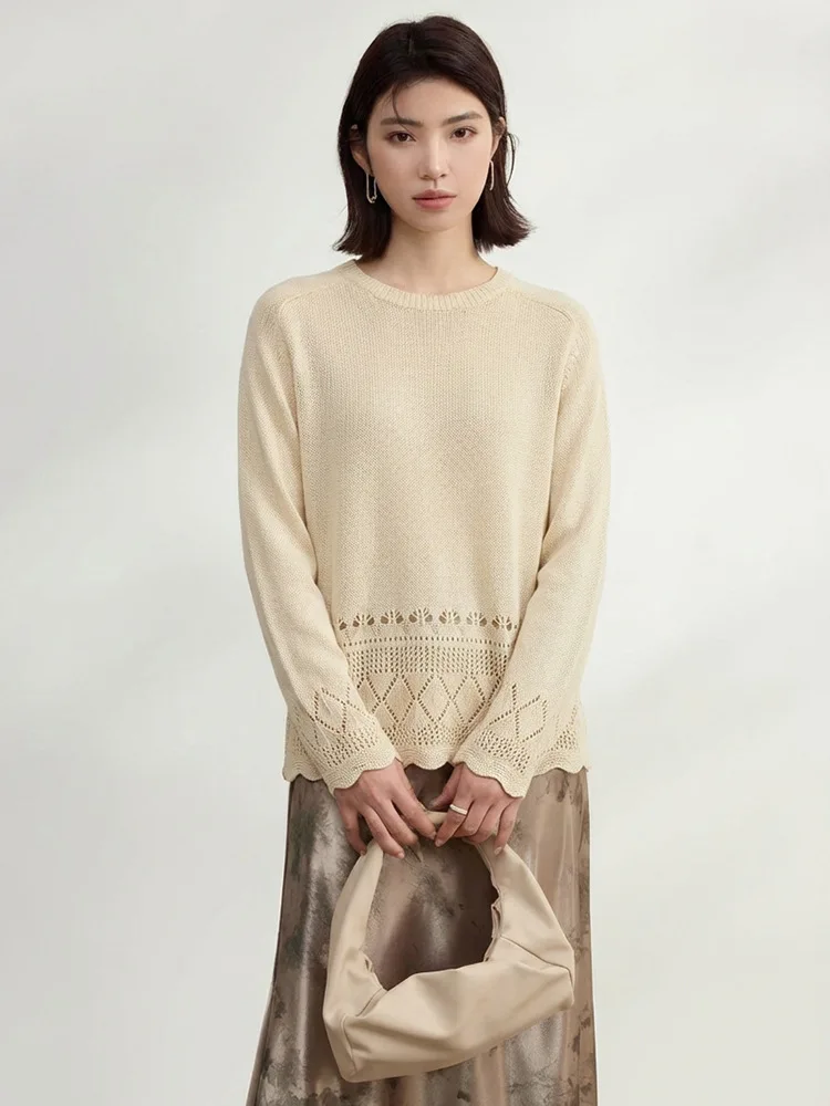 Winsleter-Silk Blended Elegant T-Shirt, O Neck Hollowed-out, Women French Commute Thin Knit Loose Top, 2026 Autumn New T67573CC