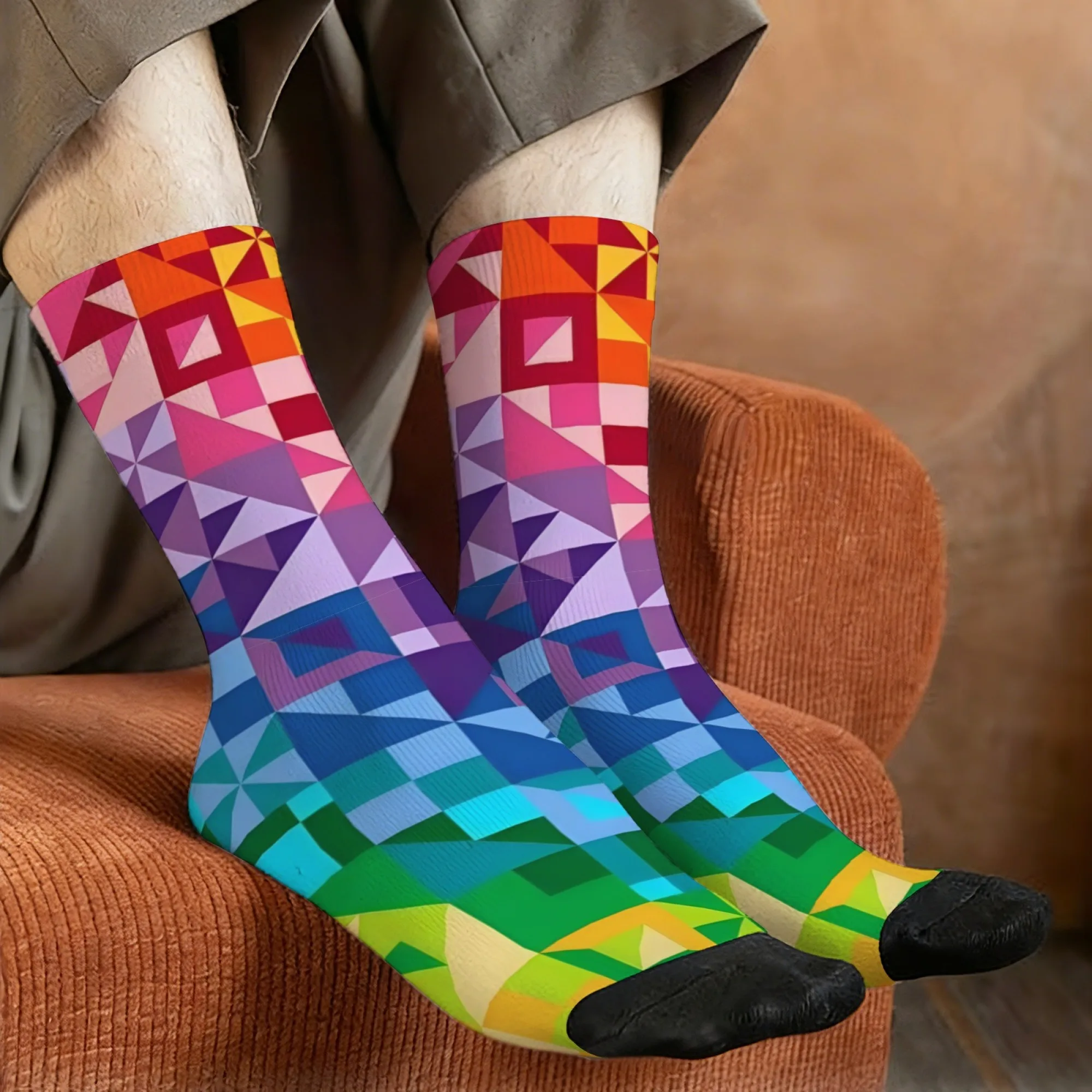 Rainbow Geometric Block Socks Non-slip Elastic Breathable Men's Socks Travel Leisure Hiking Simple Stylish Street Harajuku Socks