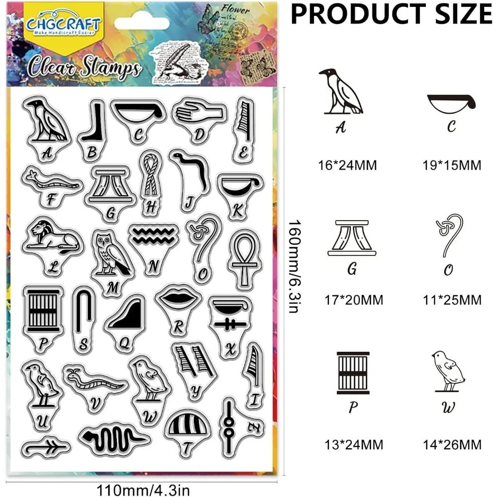 Egyptian Alphabet Symbols Stamps 26 Letter Transparent Seals for Carding Making DIY Scrapbooking Album Decoration 4.3x6.3 inch
