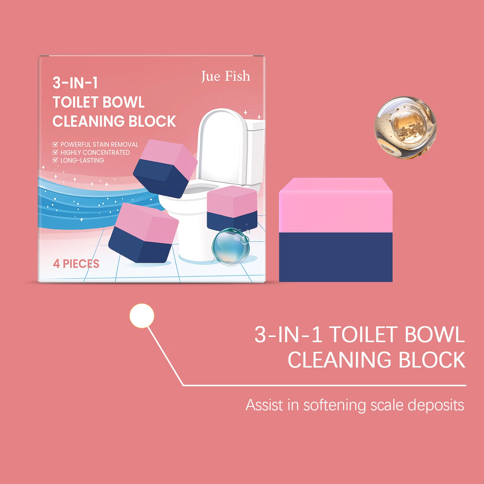 ジュエフィッシュ 3in1 トイレ洗浄ブロック：強力な汚れ落とし＆消臭剤、フレッシュな香り、家庭用トイレボウルクリーナー