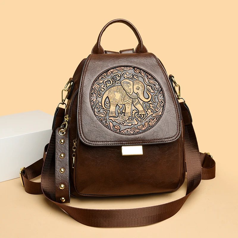 

2026 New Women's PU Leather Trendy Backpack Shoulder Bag Handbag with Elephant Embossing Stylish Commuter Bag Pockets Versatile