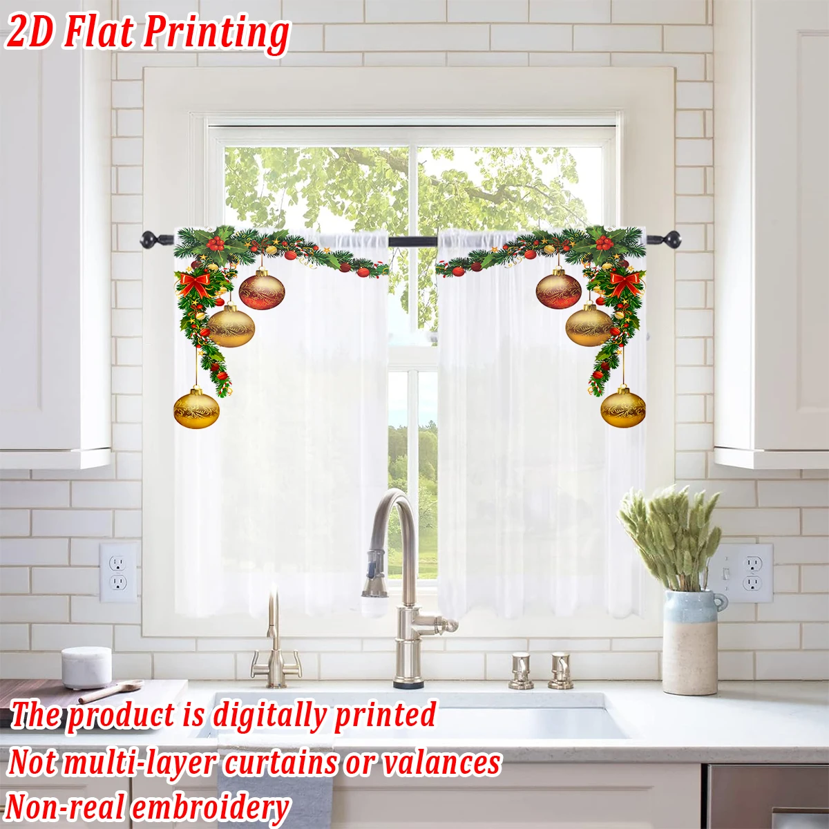 Christmas Flat Printing Kitchen Sheer Curtain with Merry Christmas Ball Pine Branch Ornament For Christmas Home Decor  Party