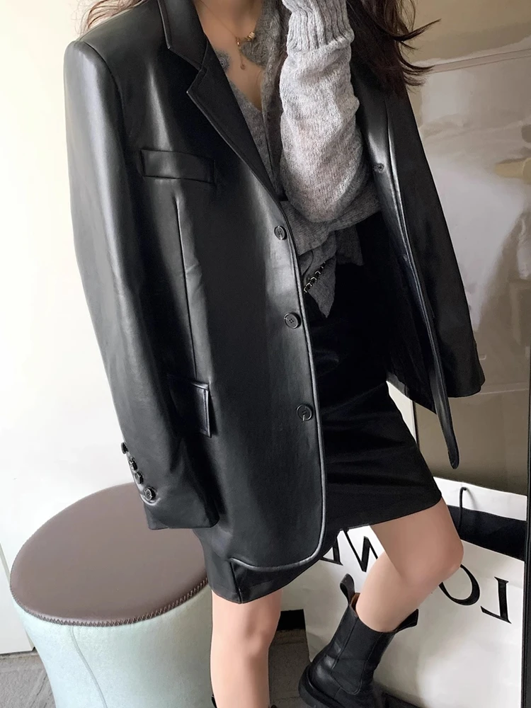 Brown Soft Leather Jacket Women\'s Suit Coats Autumn Winter New Popular Suit Outerwear Mid-length Retro Motorcycle Jackets