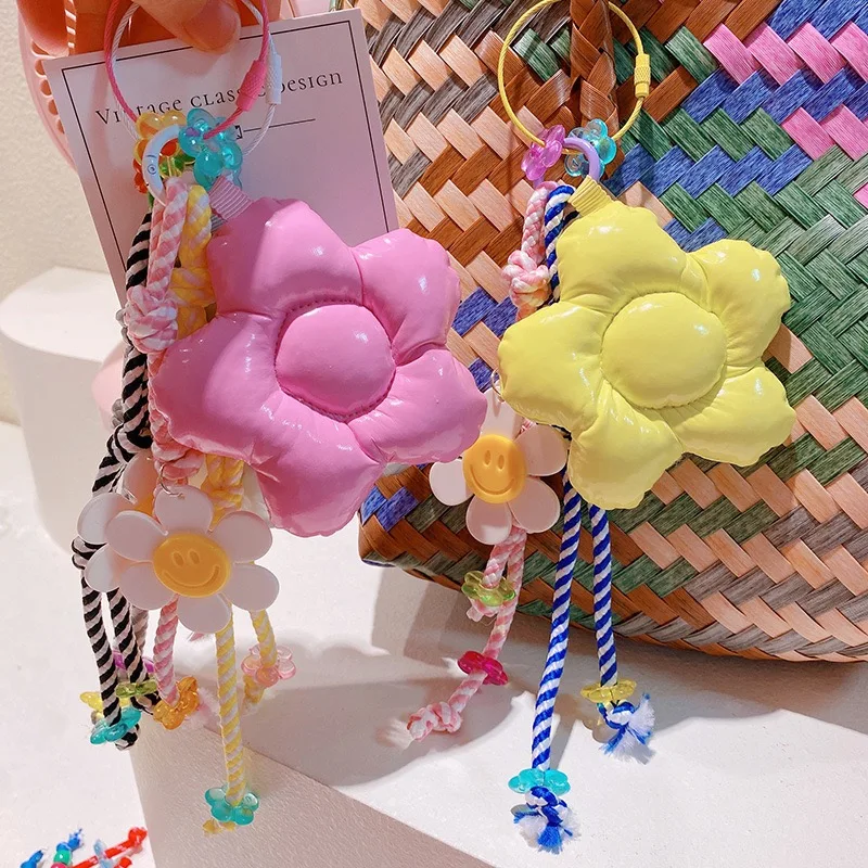 Handmade Macaron Big Flower Keychain Sweet Pendant Nylon Braided Rope Fashionable Bag Charm Colorful Bag Pendants