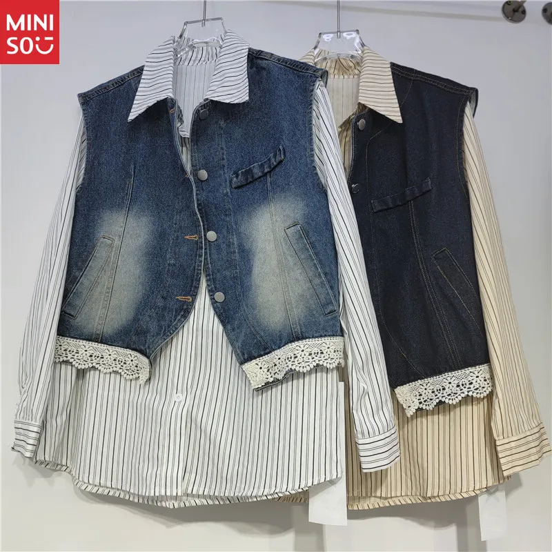 

Miniso Layering Stripe Shirt Set, Oversized Blouse & Denim Vest Cardigan Combo