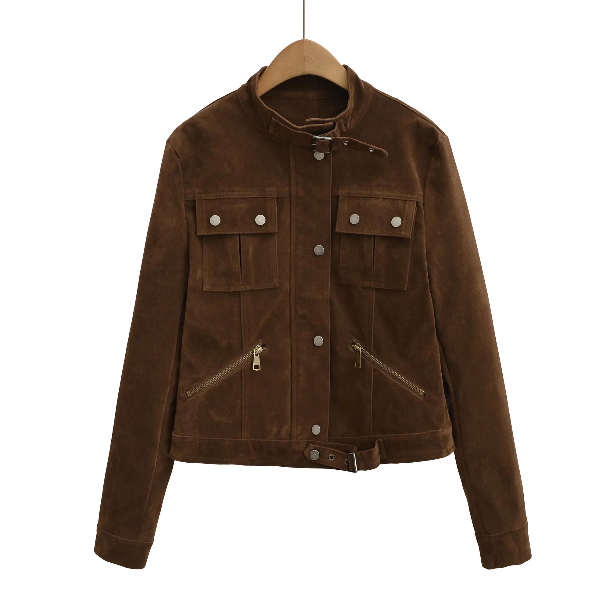 New COOL Giacca da donna in pelle scamosciata autunnale in pelle PU Cappotto con zip a maniche lunghe retrò americano Capispalla corto caffè vintage