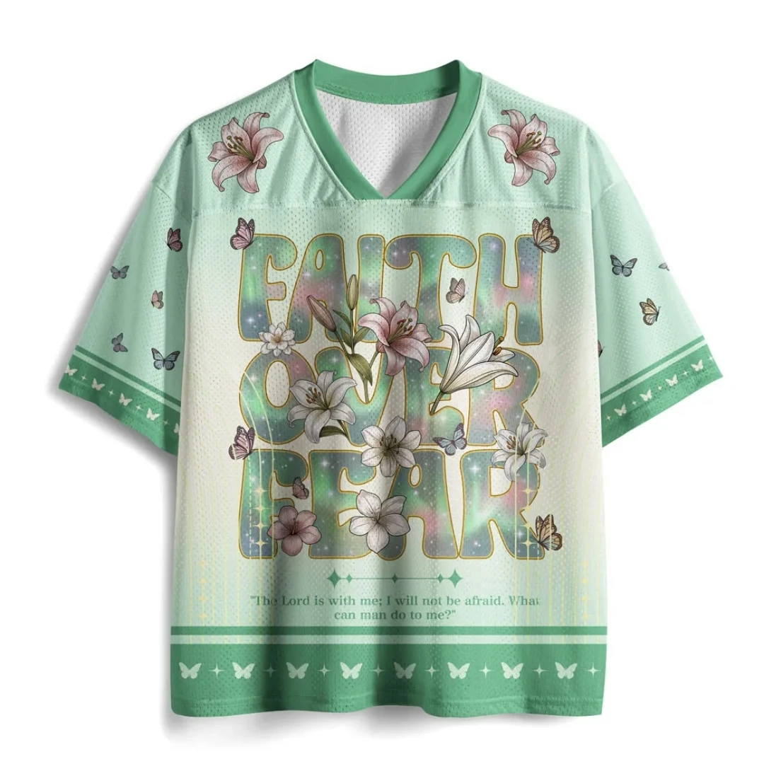 Faith Overcomes Fear Flower V-neck Mesh Lily Butterfly Christian Slogan Printed Short Sleeve Casual Sports T-shirt