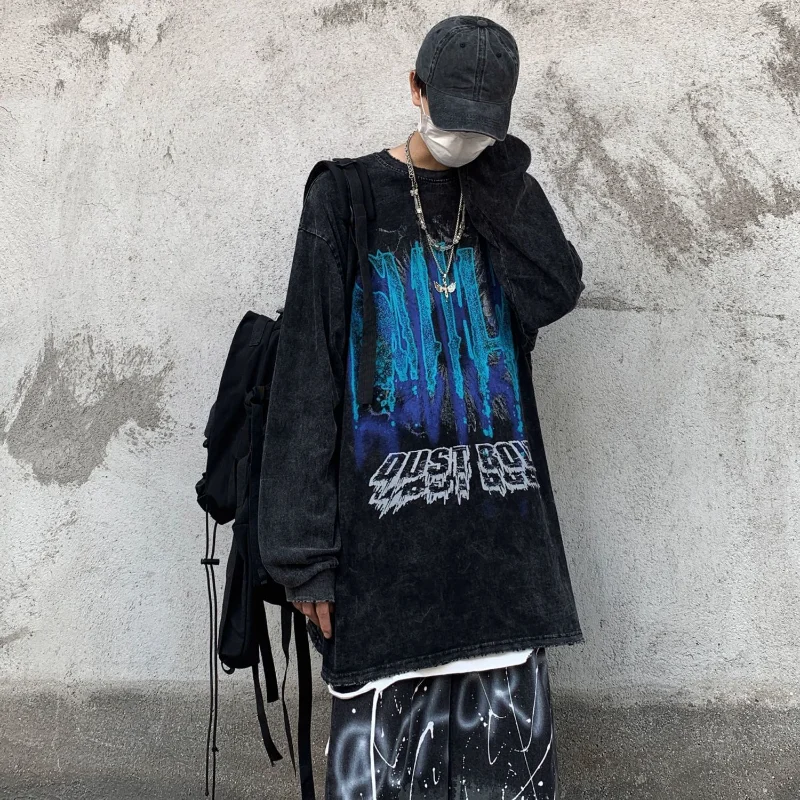 Streetwear Vintage Printed Sweatshirts Men's Clothing American Letter Spring Autumn O-Neck Distressed Loose Long Sleeve Hoodies