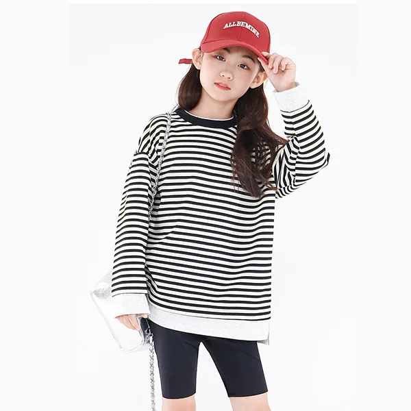 ملابس الفتيات لخريف وشتاء 2025 مع قلنسوة مخططة بأكمام طويلة تي شيرت فستان مراهق للأطفال فضفاض 4 6 7 8 9 10 11 12 سنة