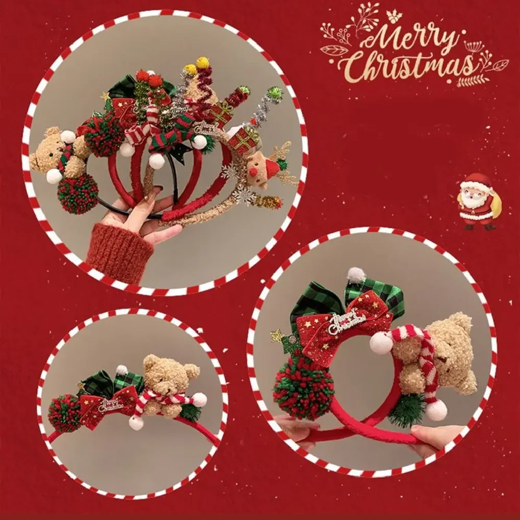 Kerstdecoratie Kersthoofdband Kerstman Rendiergewei Hoofdband Rode Strik Feestjurk Up Pluche Strik Rode Haarband