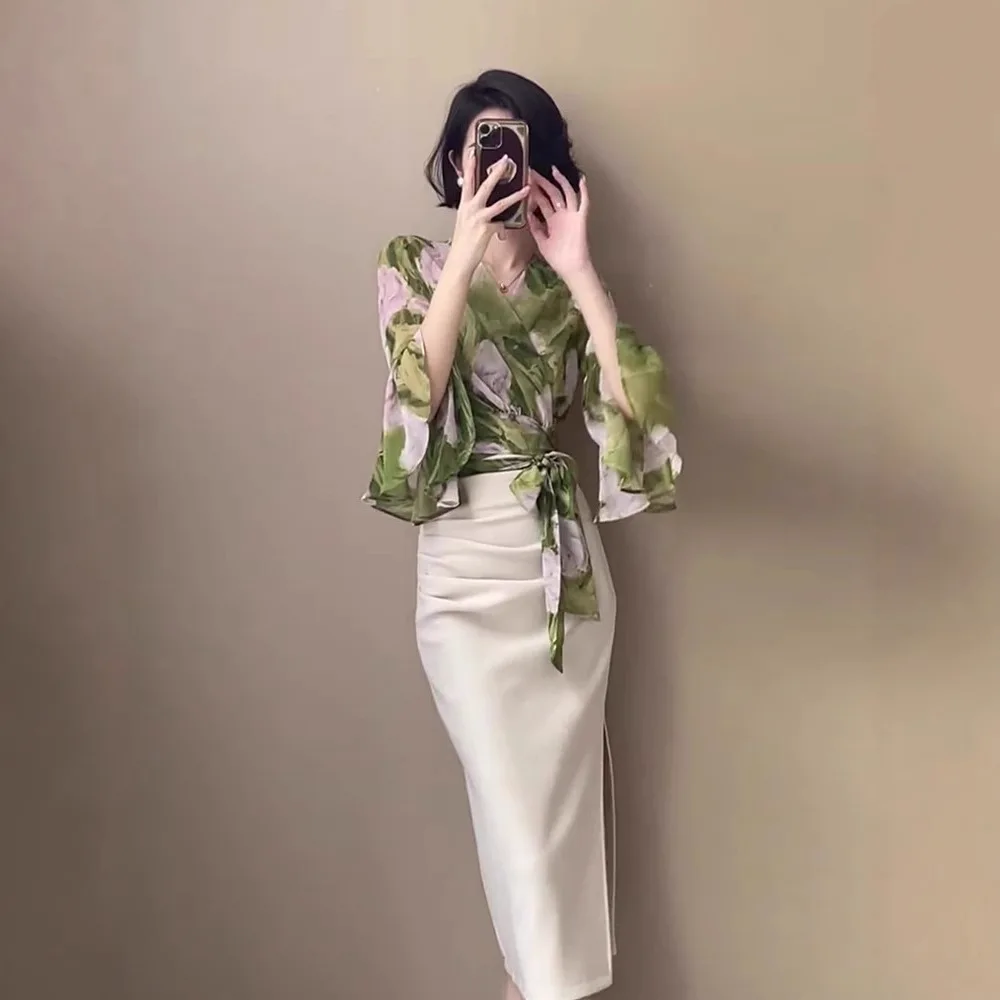 Elegant Professional Shirt Dress Set Two-Piece Suit Korean Style Spring Autumn Queenly Lady Fashion Sweet  Style