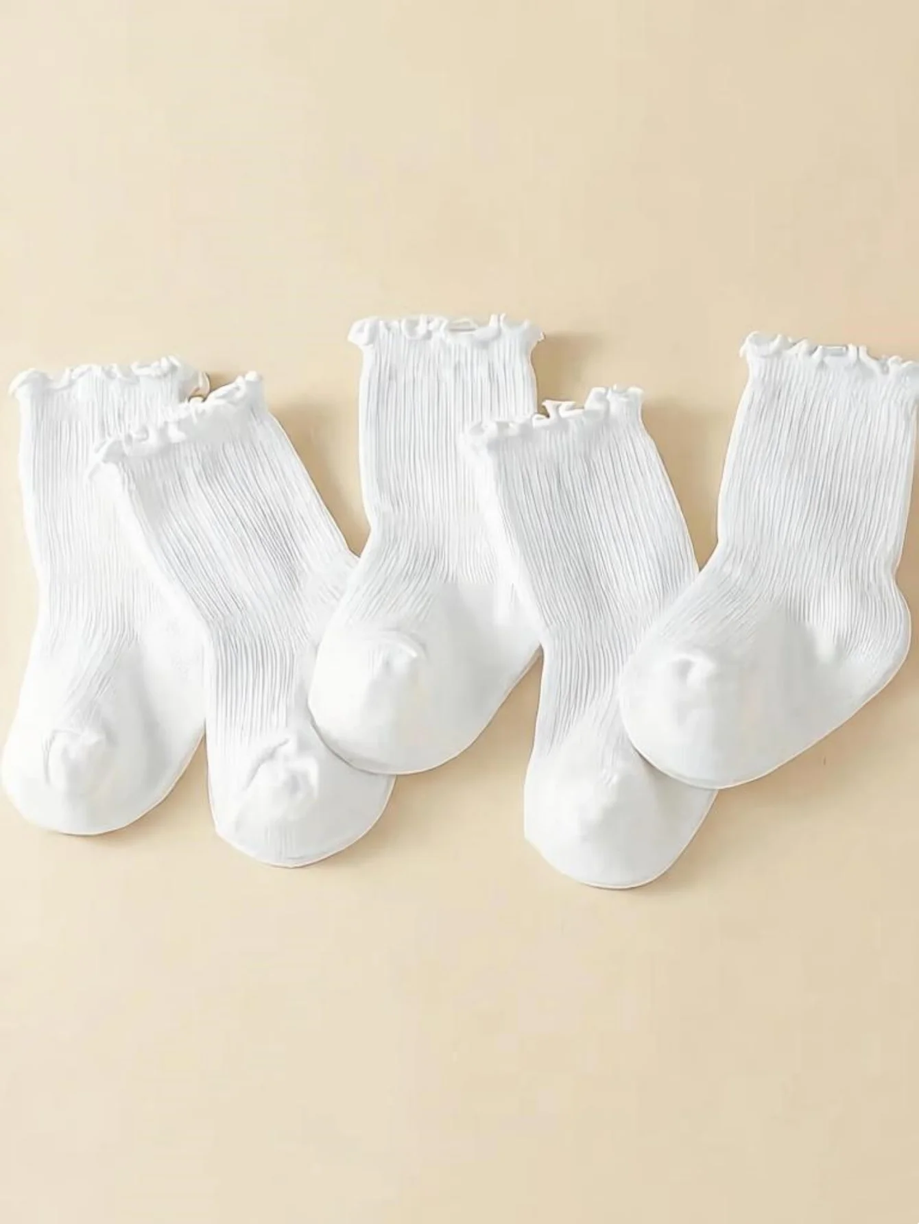 5Pairs White Ruffle Baby Socks Newborn Infant Girls Cotton Mid Calf Socks Soft Breathable Frilly Crew Socks Non-slip Toddler Pri
