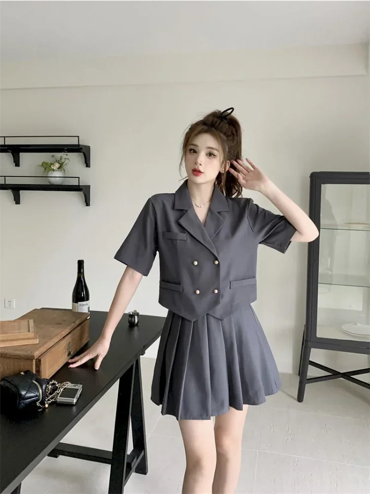 

UNXX 2024 Summer New Blazer Skirt Suits Women Short Sleeve + Mini Pleated Skirt Streetwear Two Piece Sets Outfit Women Clothing