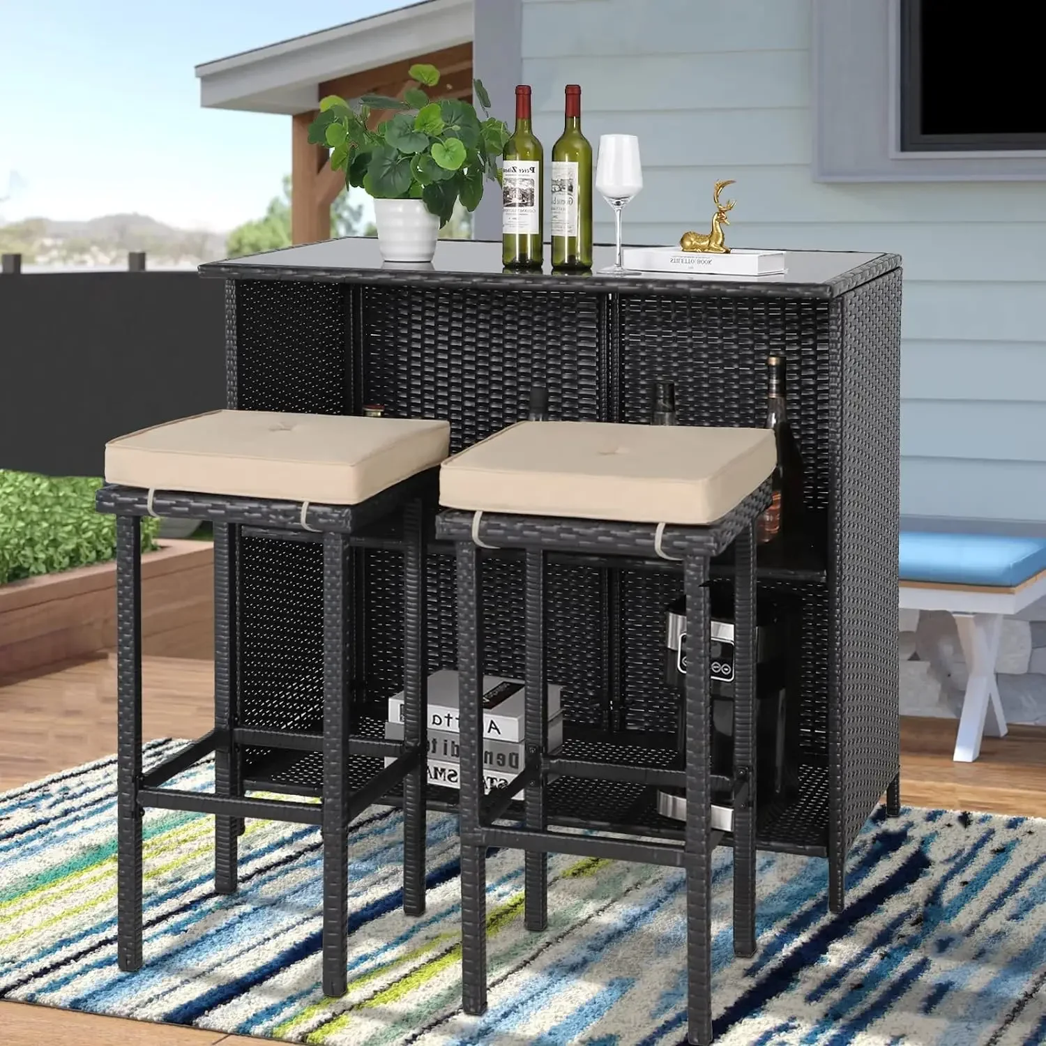 

3-Piece Patio Outdoor Bar Set with Two Stools and Glass Top Table Patio Brown Wicker Furniture with Removable Cushions