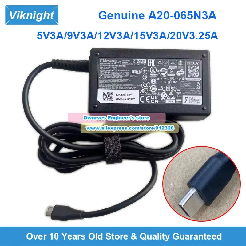 

Оригинальный адаптер переменного тока Chicony A20-065N3A 20 В 3,25 А для Acer FEIFANG S5 S3 Chromebook 515 CB515-1W N21Q8 System76 LEMUR PRO LEMP13
