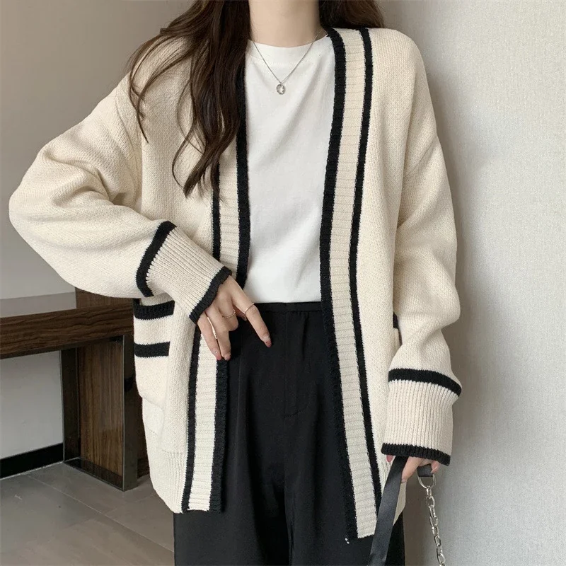 

Новые корейские женские куртки-кардиганы в стиле пэчворк, одежда с v-образным вырезом, универсальные Sueter Mujer, повседневные модные вязаные свитер большого размера, топы