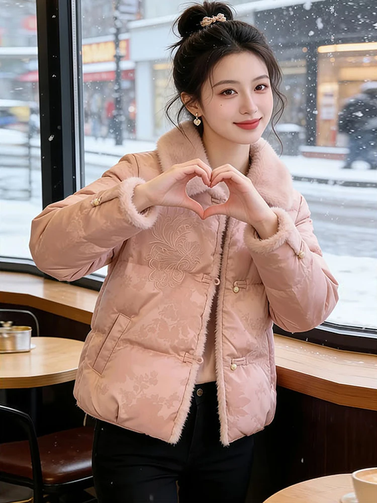 

New 2026 Chinese Style Women's Cotton Jacket with Fur Collar Autumn Winter Thickened Warm Button up Short Coat Korean Style