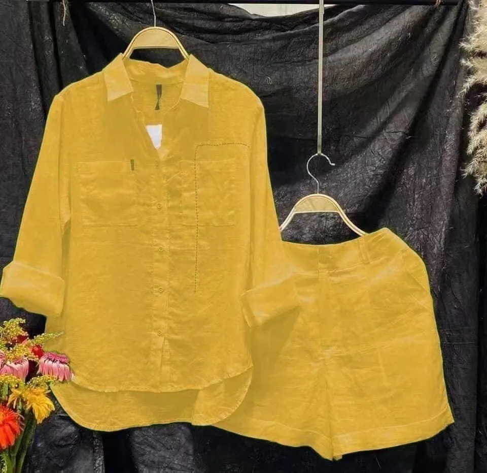 Conjunto de camisa e shorts brancos de manga comprida de 2 peças para mulheres, solto, casual, casa, moda feminina, verão, 2024